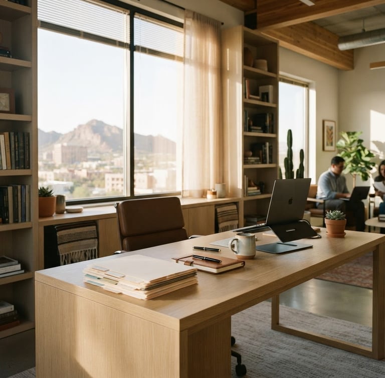 Bright modern professional office in Phoenix with warm desert light filtering through a window, clean desk with neat folders, 35mm photography