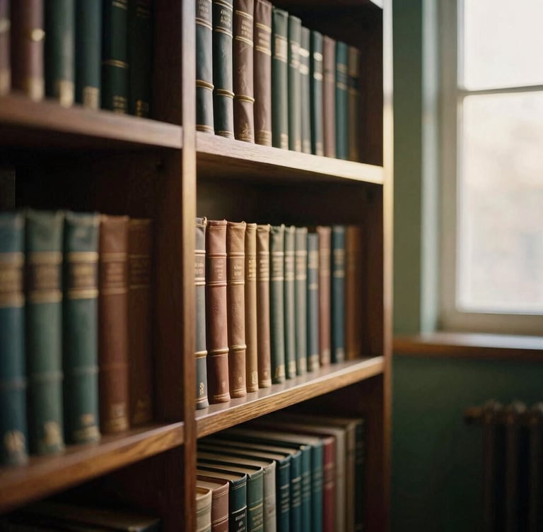 A quiet, atmospheric library alcove with soft golden-hour light illuminating leather-bound books on dark oak shelves, shallow depth of field.