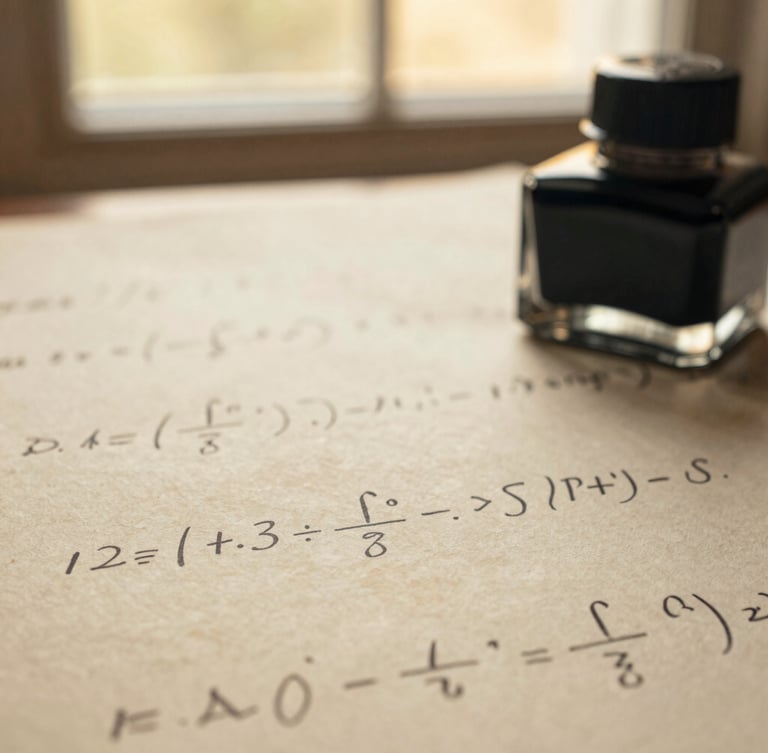 Macro photograph of handwritten mathematical proofs on heavy textured parchment paper, a vintage inkwell resting in the soft-focus background under warm golden-hour window light.