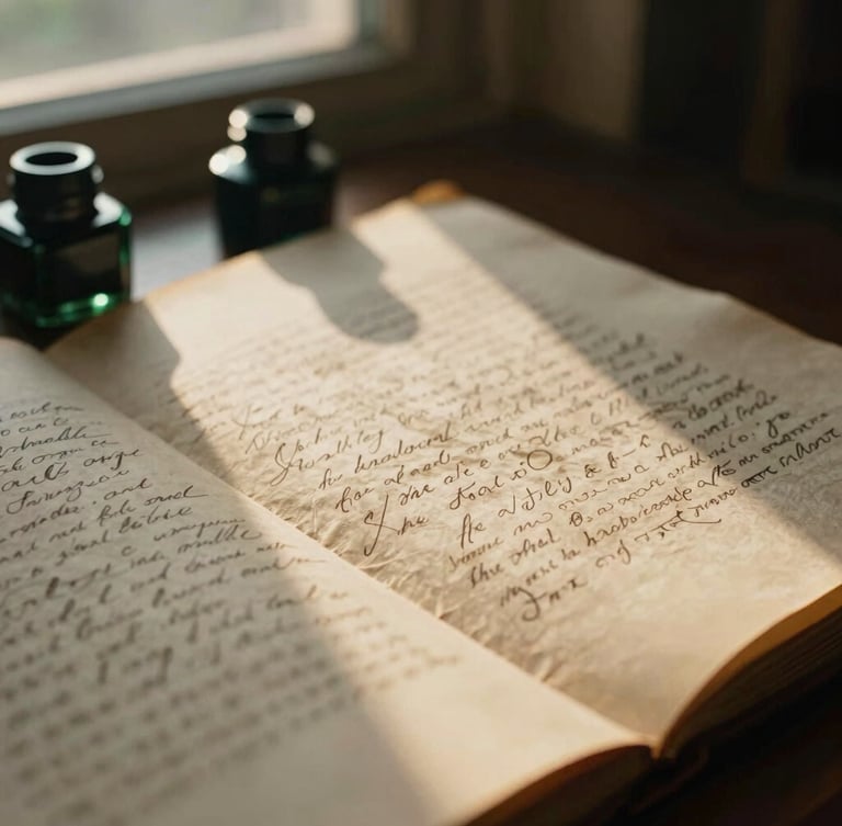 Close-up of a handwritten manuscript on heavy textured parchment, soft golden-hour light casting long shadows across ancient inkwells, 35mm photography