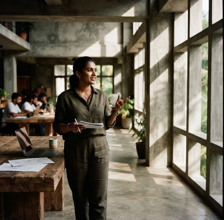 Wide portrait of a Sri Lankan founder in a minimalist, sunlit brutalist architectural workspace, natural light, deep shadows, 35mm film aesthetic, off-center composition.