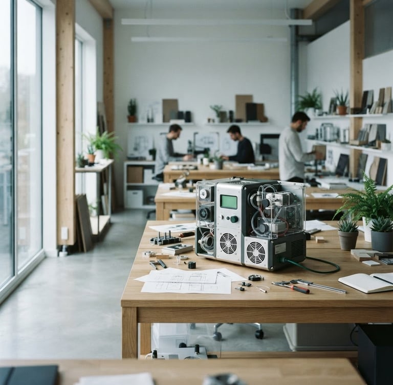 Wide shot of a clean, minimalist design studio with natural light, a detailed physical prototype of a climate-tech device on a workbench, sharp focus, desaturated tones with forest green accents.