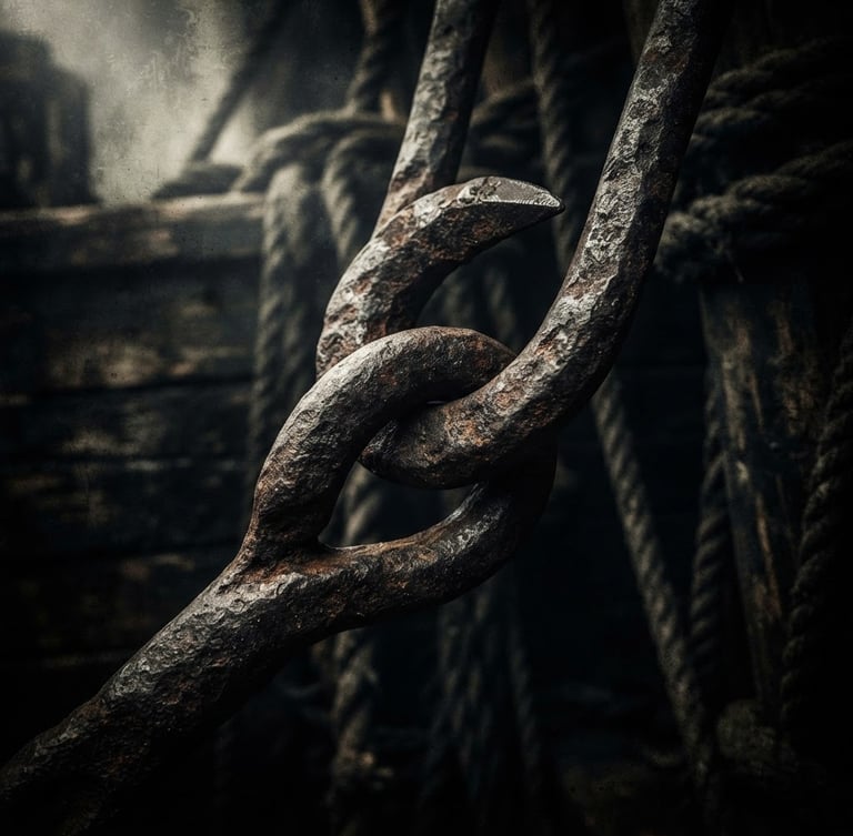 Tight macro shot of two interlocking rusty iron pirate hooks, high-contrast chiaroscuro lighting, deep charcoal and sepia tones, atmospheric digital painting
