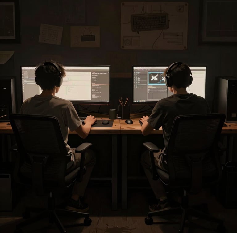 Gritty low-light workspace shot of two game developers working at wooden desks, single-source warm monitor glow, deep shadows, high-contrast chiaroscuro