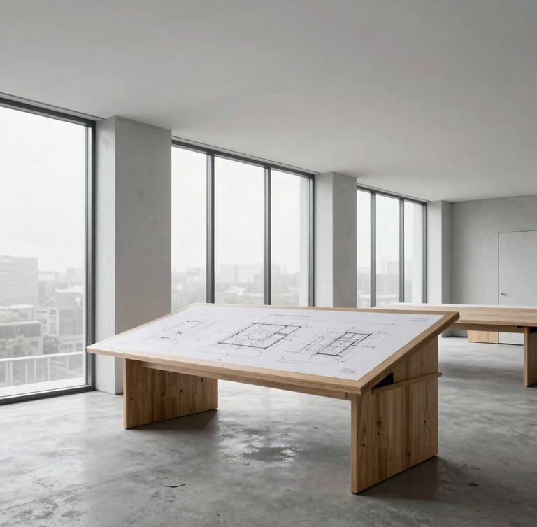 Wide architectural shot of a modern office interior, clean lines, minimalist design, a large drafting table with technical drawings, soft natural daylight from large windows, concrete floor, 35mm lens.