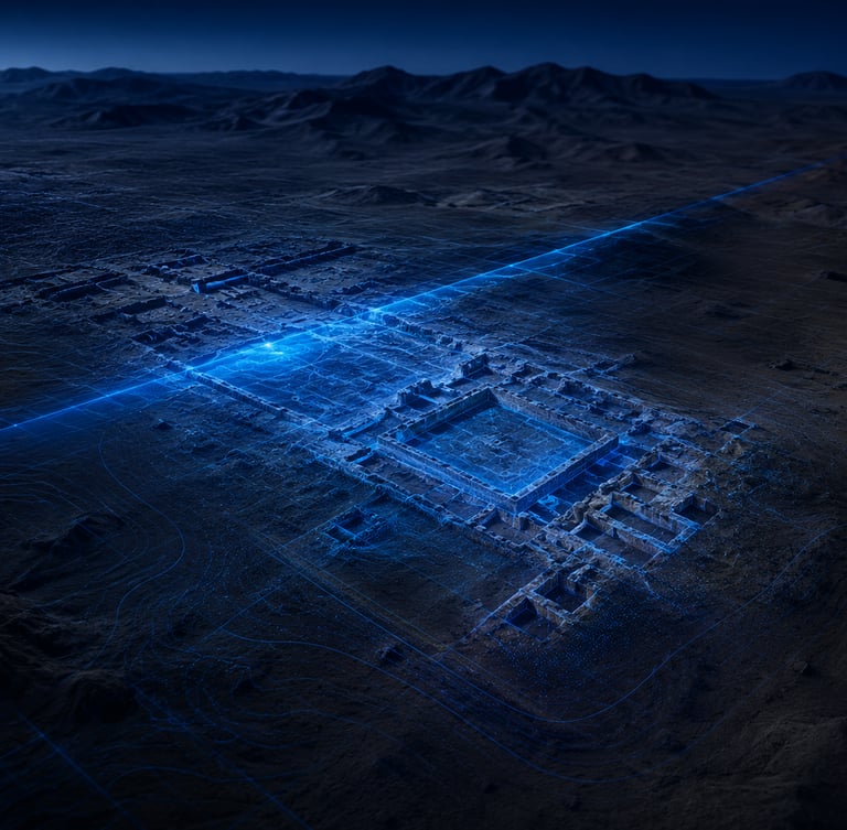 A blue holographic digital reconstruction of ancient ruins in a dark desert landscape using lidar technology.