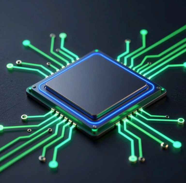 sleek 3d render, dark mode aesthetic, neon green accents, sharp studio lighting, macro shot of glowing circuit pathways on a mobile processor, representing optimized native performance