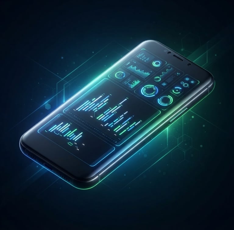 sleek 3d render, dark mode aesthetic, vibrant neon blue and green accents, sharp studio lighting, isometric perspective of a glowing mobile device frame showing clean code structures and high-fidelity UI elements, dark background