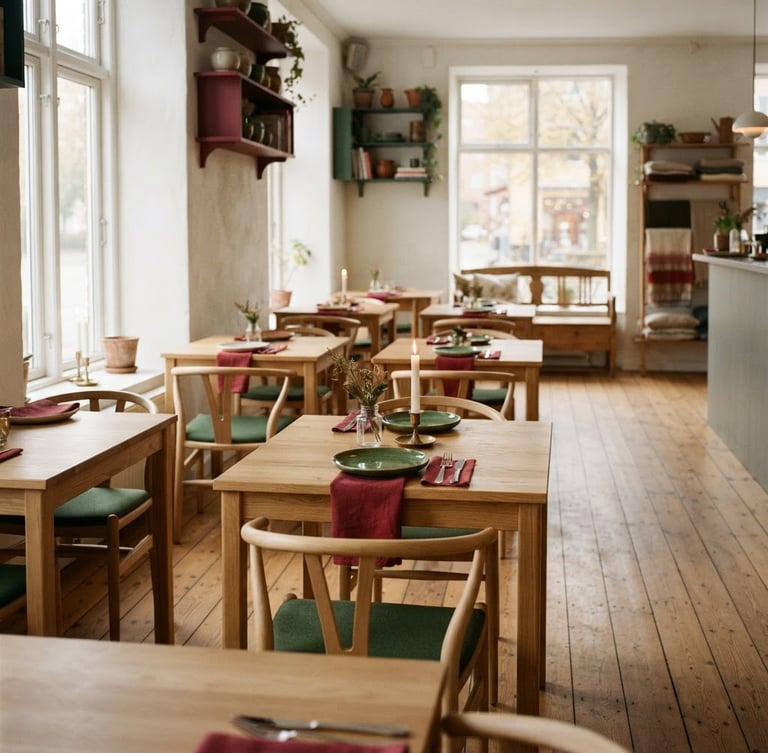 Warm Scandinavian-style restaurant interior, empty wooden tables with soft natural window light, deep crimson and forest green accents, matte finish, 35mm
