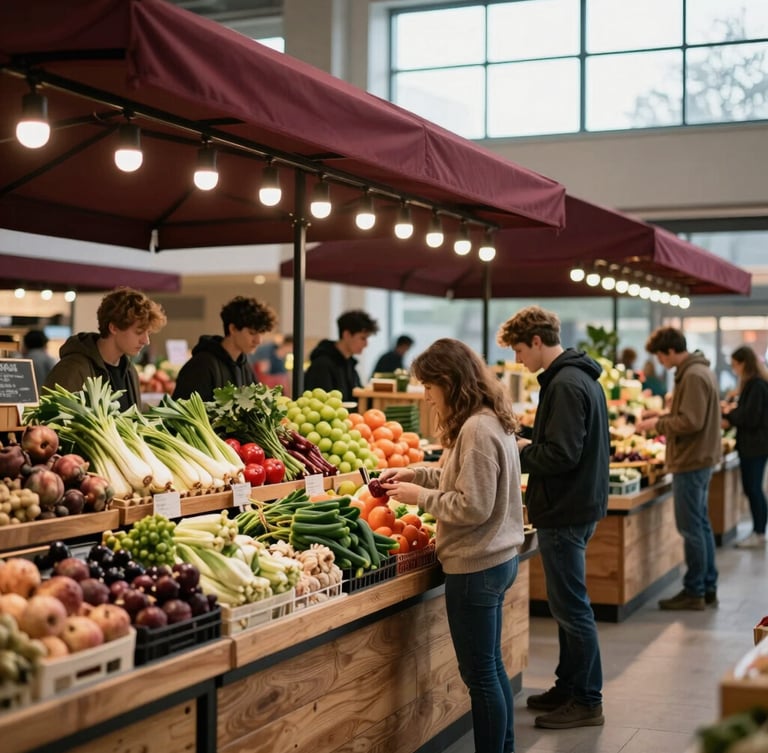 A bustling modern food market hall with wooden stalls, young people browsing organic produce, warm overhead string lights, editorial style.