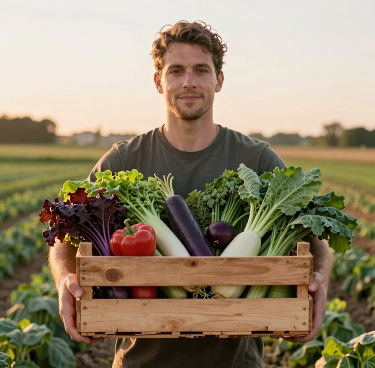 A boutique farmer holding a wooden crate overflowing with freshly harvested organic vegetables in a sunlit field, warm golden hour light, matte finish.