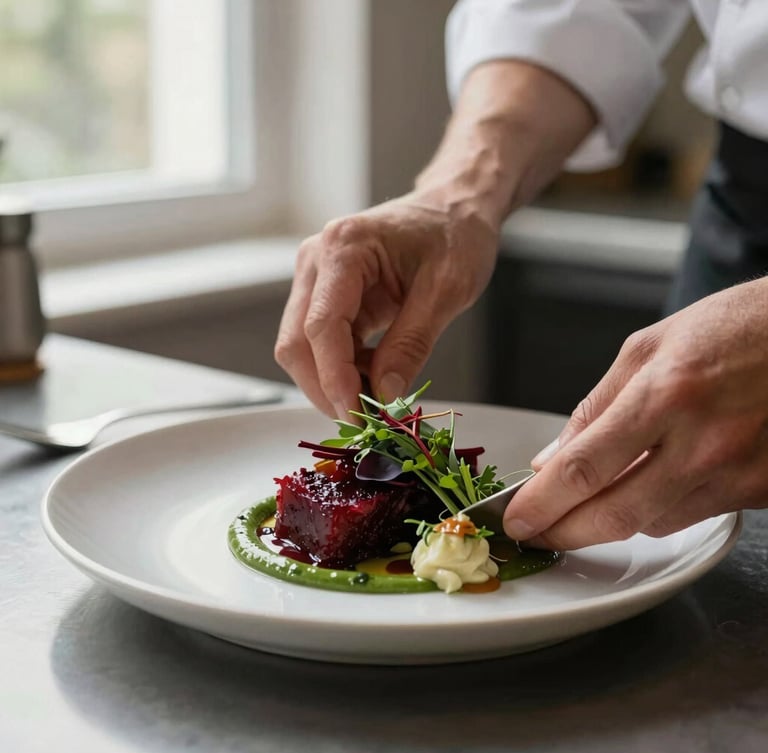 Close-up of a chef's hands carefully plating a seasonal dish in a warm Scandinavian-style kitchen, soft natural window light, matte finish.