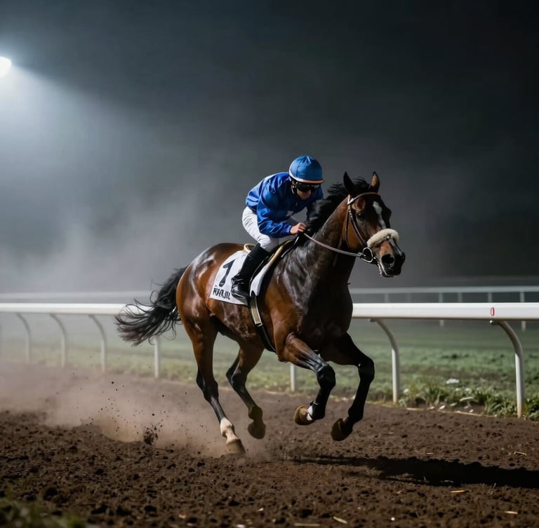 Dramatic sports photography of a racehorse in motion on a misty morning track, dark moody lighting, high contrast, cinematic spotlight