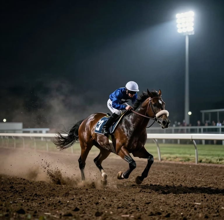 Dramatic sports photography, dark moody lighting, high contrast, a powerful racehorse in motion kicking up dirt on the track at night under bright stadium floodlights, cinematic mist, 35mm lens