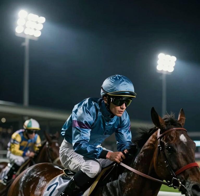 Dramatic close-up of a focused jockey looking ahead before a race, bright stadium floodlights in the background, dark night atmosphere