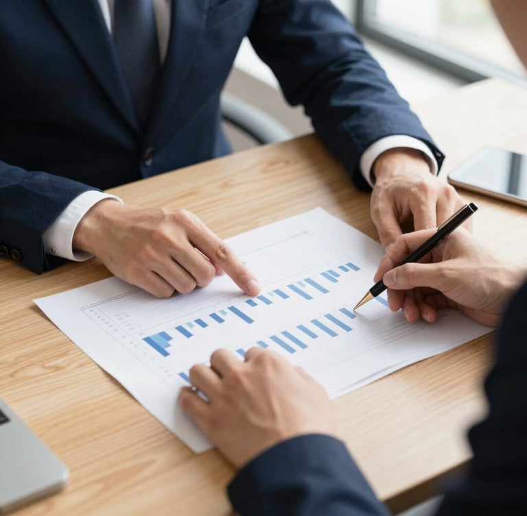 A close-up of professional hands collaborating over structured financial charts and physical documents on a light oak table, bright natural side-light, premium editorial