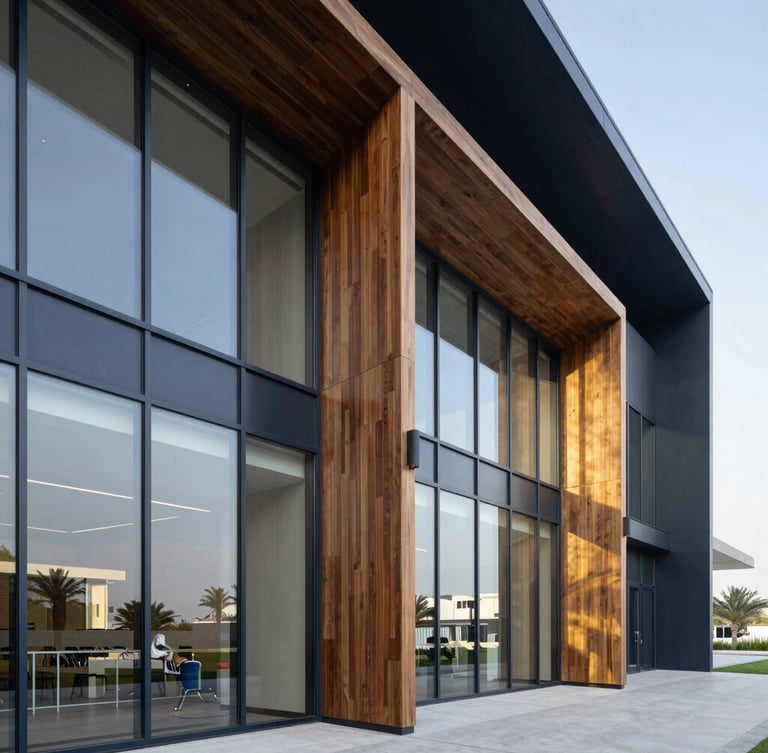 A sharp architectural crop of Florida Training's modern learning facility in Doha, bright natural window light reflecting on clean glass and dark wood panels, premium corporate editorial style.