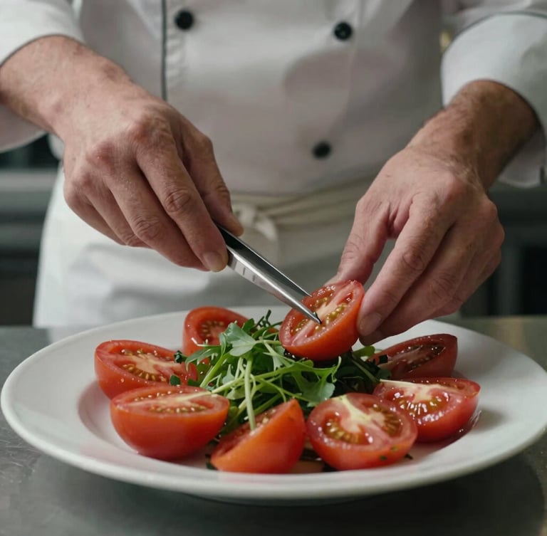 A chef carefully plating an heirloom tomato salad with tweezers, hands in sharp focus, soft moody kitchen lighting, close-up shot.