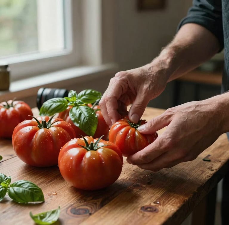 Close-up shot of hands styling fresh heirloom tomatoes and green basil on a rustic wooden market table, soft diffused natural light from a side window, moody shadows, professional camera lens visible at the edge.
