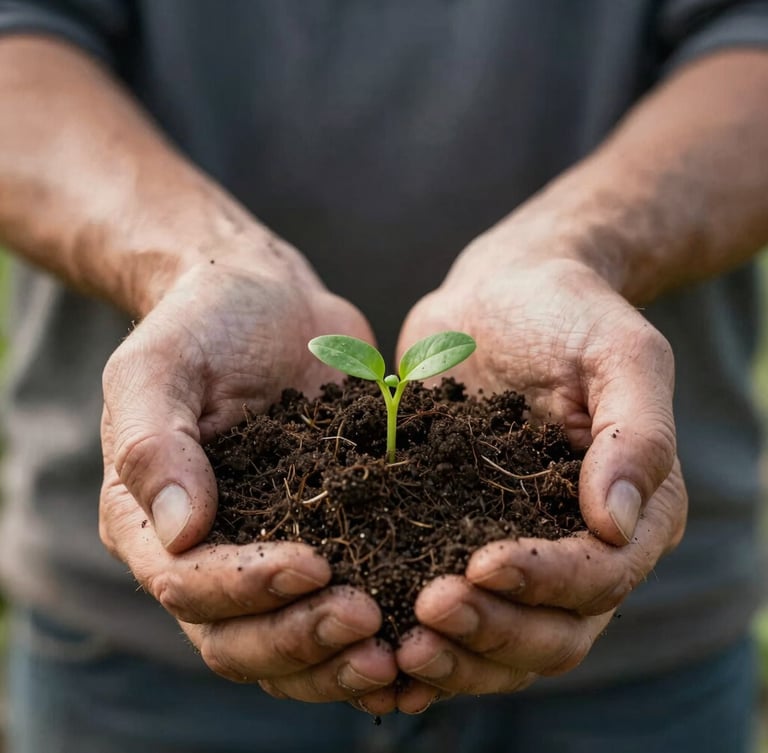 Close-up of farmer hands holding rich dark soil with small green sprouts, soft natural morning light, raw textures