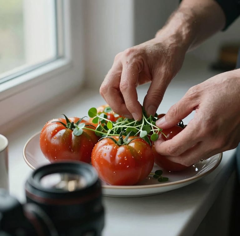 A close-up, Scandinavian-style shot of hands carefully styling a plate of heirloom tomatoes with microgreens under soft window light, camera lens visible in the soft-focus foreground