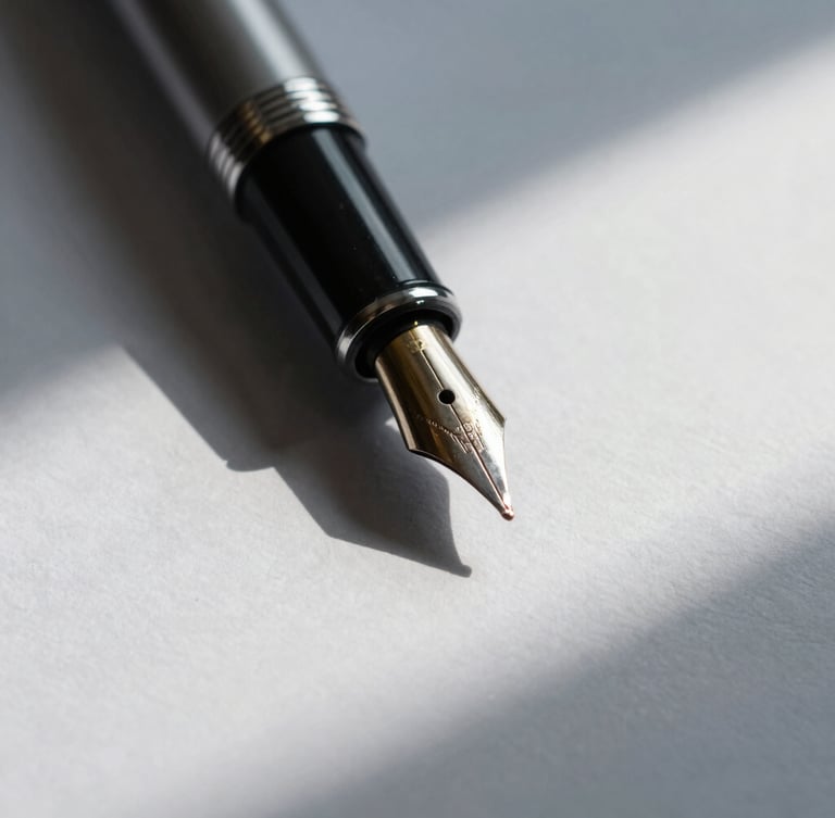 Extreme close-up of a fountain pen resting on heavy bond paper with sharp architectural shadows, cool lighting