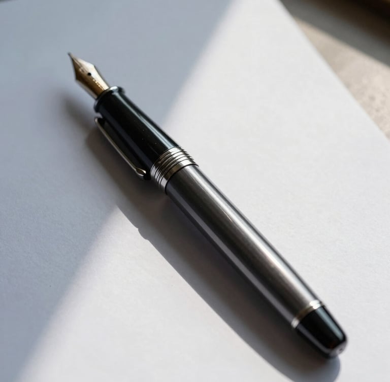A close-up of a high-end fountain pen resting on heavy bond paper with sharp architectural shadows, cool overcast daylight.