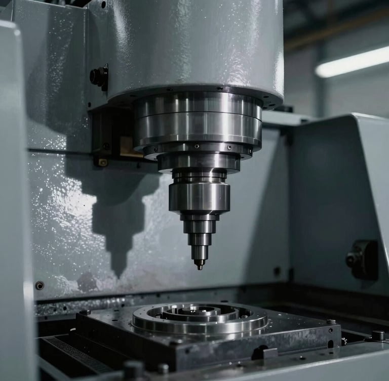 Close-up of high-precision industrial milling machinery, dramatic shadows, cool-toned overhead warehouse lighting, sharp focus, desaturated metallic tones, 35mm