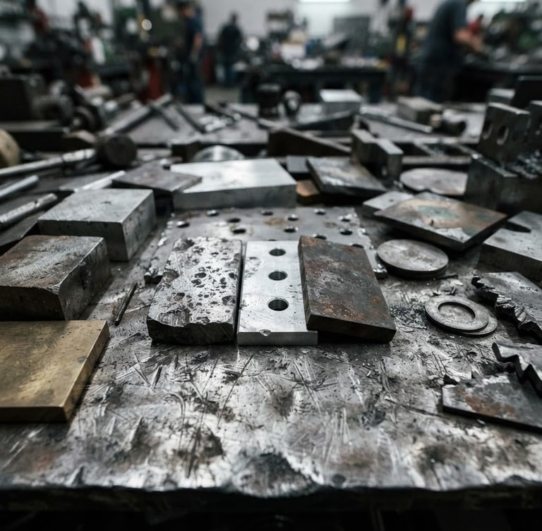 Macro detail shot of desaturated metallic raw material swatches on a heavy steel workbench, sharp focus, industrial documentary style, cool warehouse light
