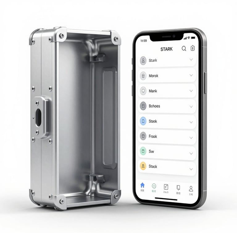 Stark orthographic studio render of an industrial aluminum casing next to a high-contrast mobile interface wireframe, clean clinical lighting, white background, high focus.