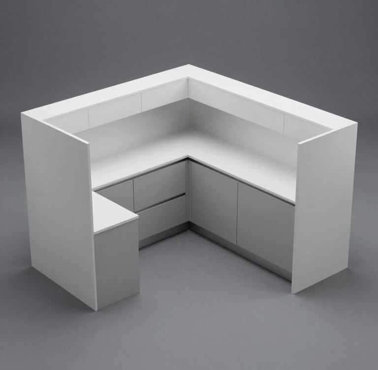 Straight-on orthographic projection of a modular kitchen layout, clean white lines on a grey technical background, clinical studio lighting.