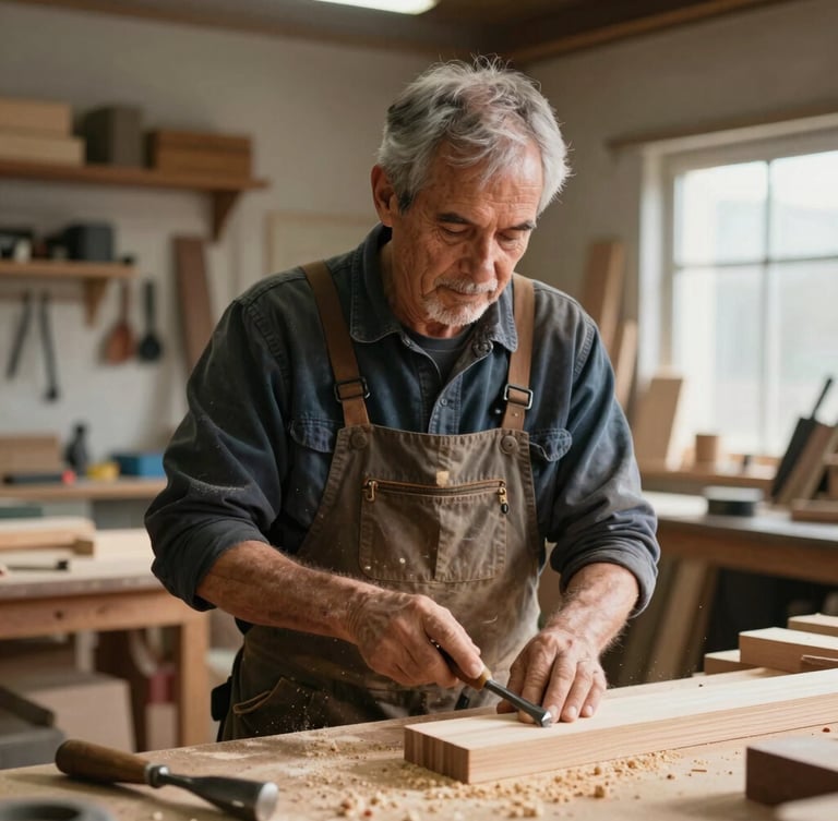 Medium environmental portrait of a local woodworker in a sunlit shop, holding a chisel, sawdust on the workbench.