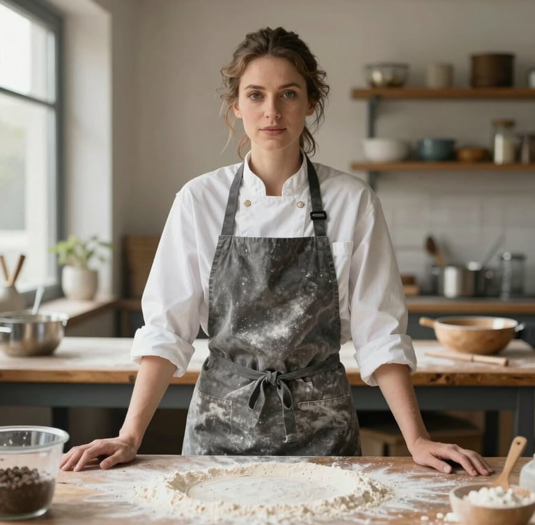 Medium environmental portrait of a female baker in a flour-dusted apron, standing proudly behind a rustic wooden counter in natural morning light.
