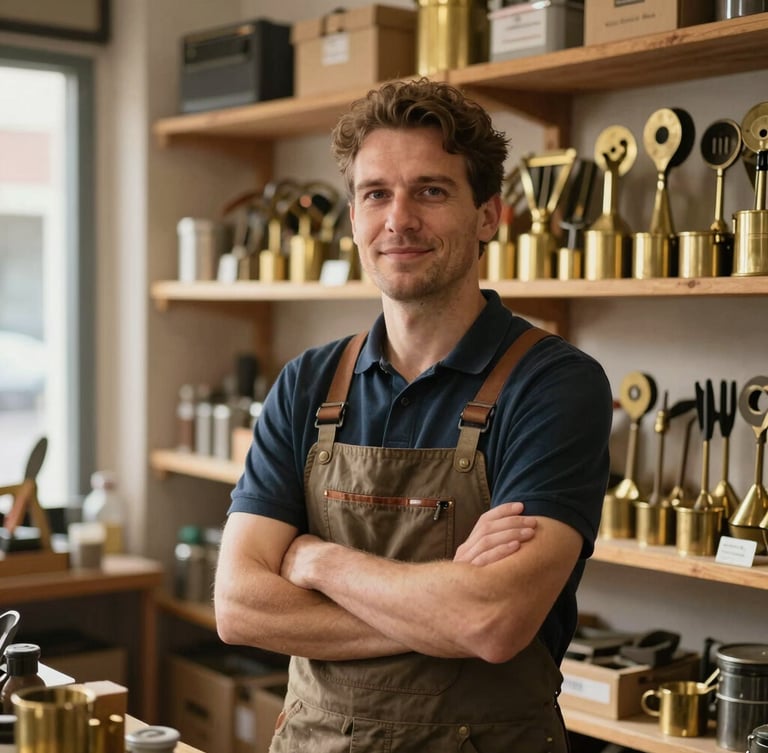 A medium environmental portrait of a local shopkeeper inside a warm, sunlit hardware store, surrounded by wooden shelves of brass tools, soft natural daylight, authentic atmosphere.