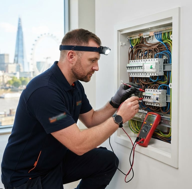 Professional electrician in branded uniform diagnosing a modern consumer unit, sharp focus, high-contrast, bright work-light, London backdrop blurred