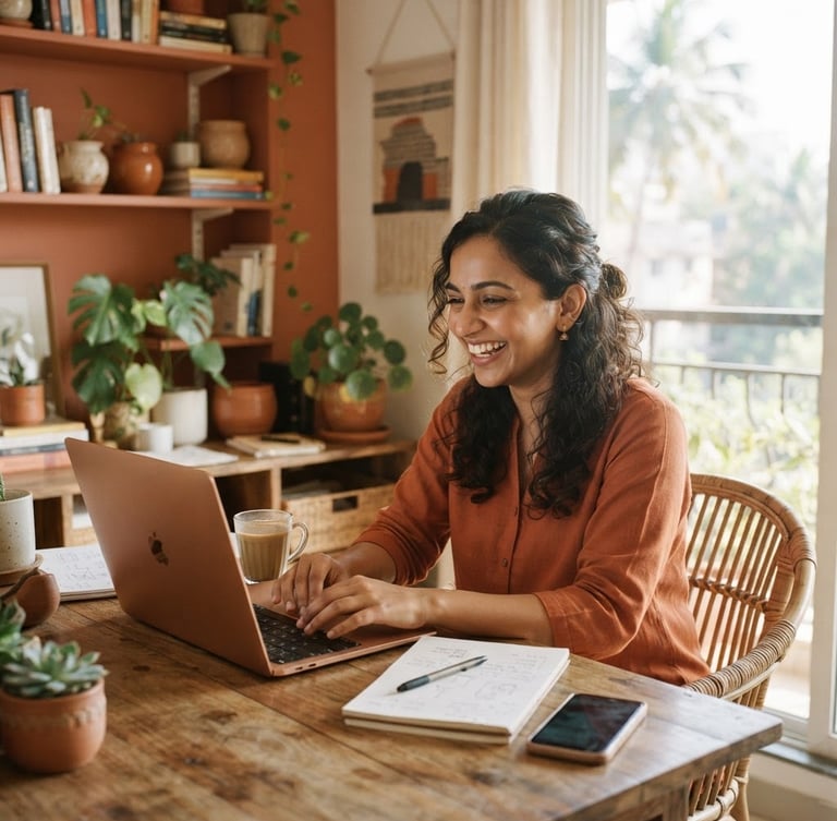 Warm editorial photography of a Mumbai woman entrepreneur working from a bright, sunlit home office with terracotta accents, smiling, 35mm lens.