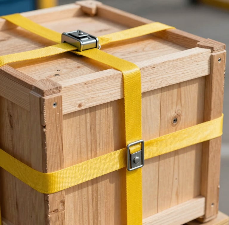 A close-up shot of a heavy-duty wooden shipping crate being secured with bright yellow tension straps and steel buckles, bright daylight illuminating the wood grain and the metallic fasteners, industrial-clean setting.