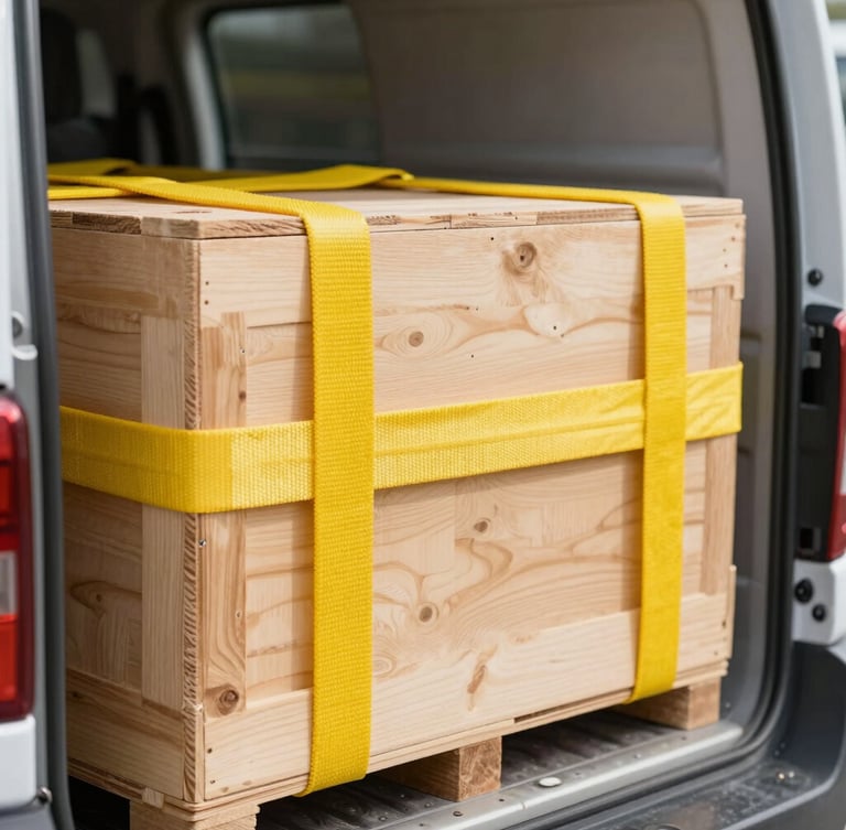 Macro shot of heavy-duty yellow tension straps securing a wooden crate inside a clean transport vehicle, bright daylight, industrial focus.