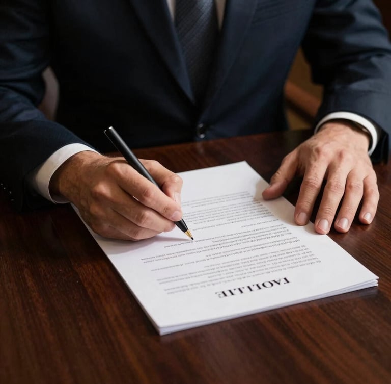 Close-up of hands signing legal documents on a dark mahogany desk, focused warm light, deep shadows, professional and solemn atmosphere