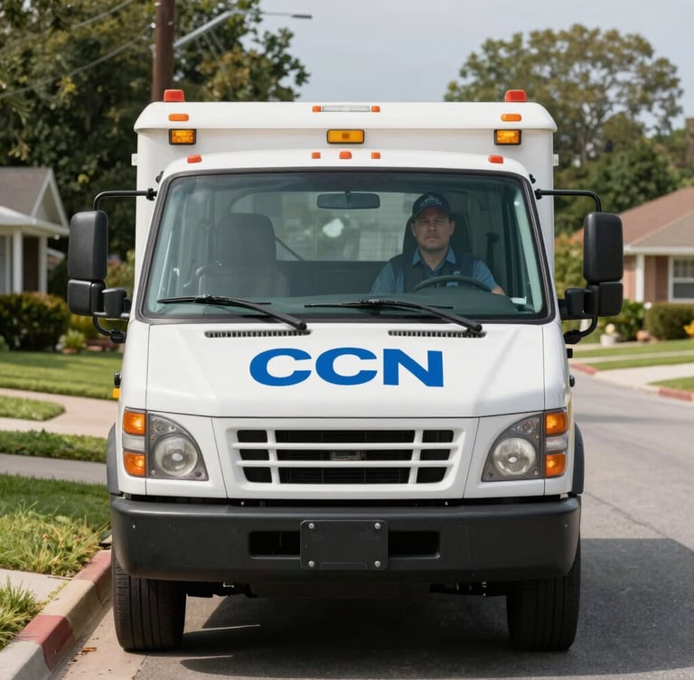 Straight-on eye-level documentary shot of a CCN Internet technician in a branded utility truck parked on a residential suburban street, natural midday light.