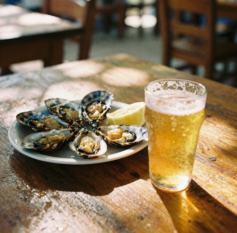 A close-up lifestyle shot of fresh seafood and a cold draft beer on a rustic wooden table at a local neighborhood boteco, dappled sunlight filtering through, warm 35mm film aesthetic.