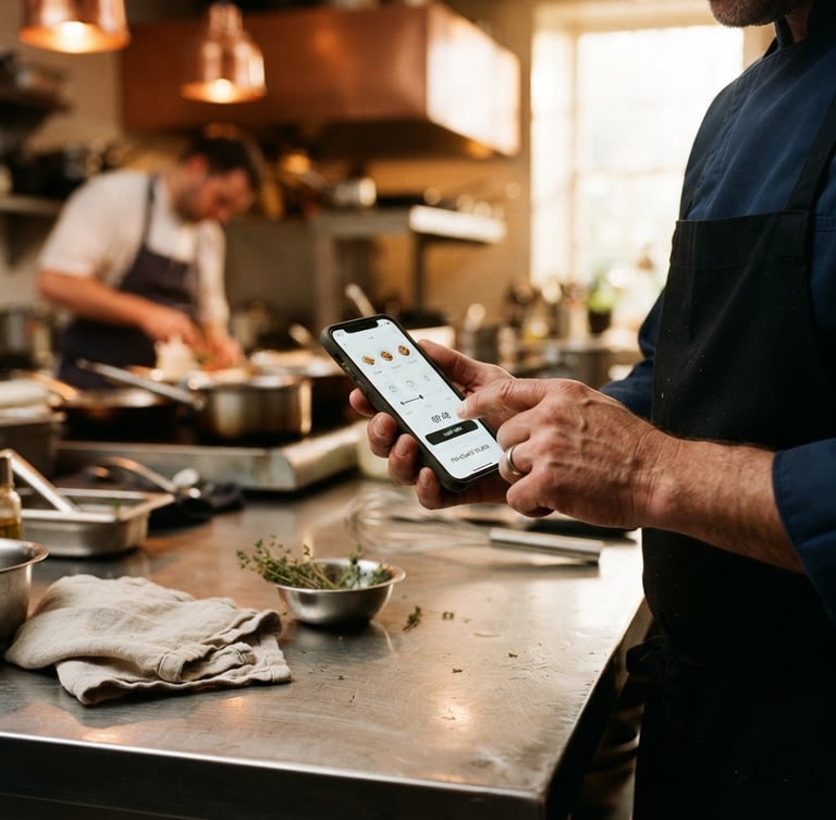 A close-up 35mm shot of a chef's hands using a mobile device displaying a clean interface, set against a stainless steel prep table in a warm, high-contrast kitchen environment.