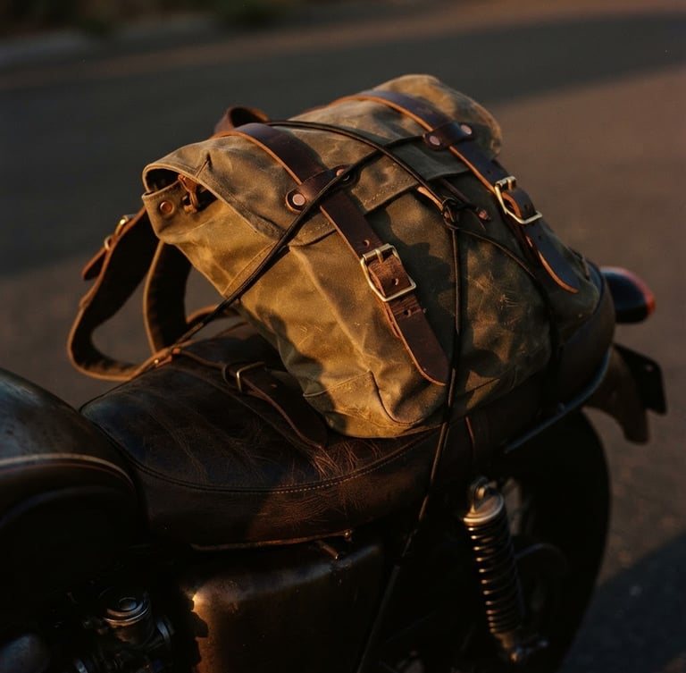 Close-up of a rugged waxed canvas backpack strapped to the leather seat of a custom motorcycle, warm sunset light hitting the metallic buckles, rich textures, moody film photography