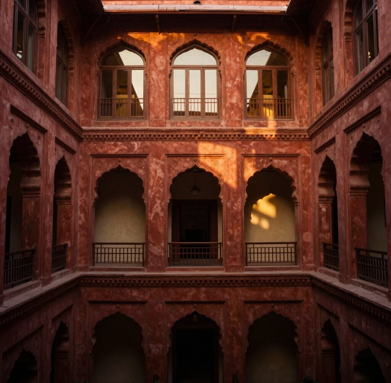 Warm editorial photography of an elegant hotel courtyard in Lahore, golden-hour window light, rich deep tones, architectural interior, 35mm