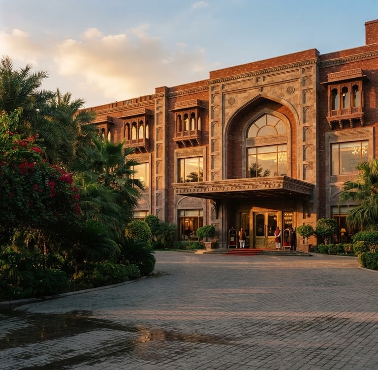 An elegant architectural exterior of a premium hotel in Lahore, warm golden-hour sunlight casting long shadows across a clean driveway, deep green foliage, 35mm photography