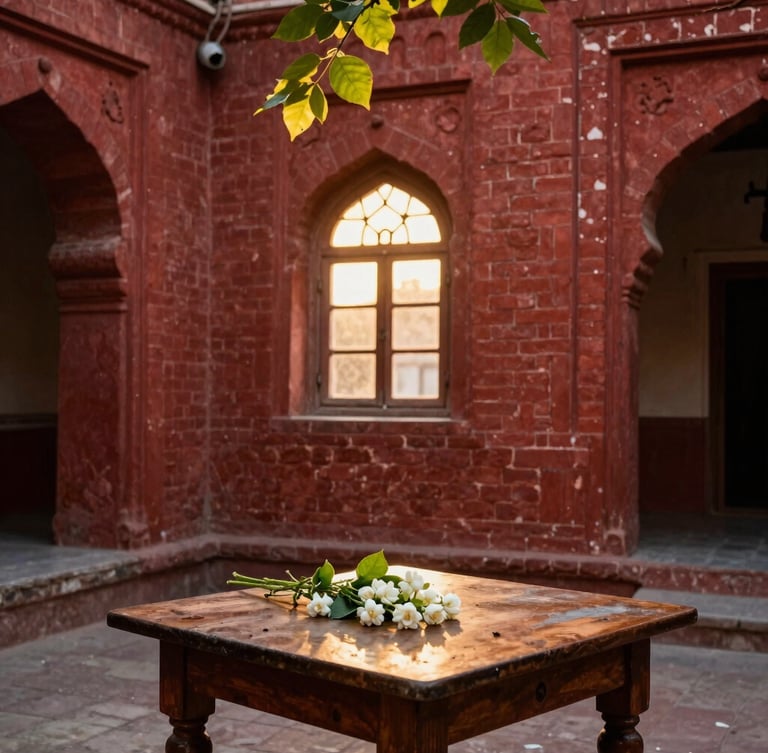 Warm environmental shot of a traditional red-brick courtyard in Lahore, golden-hour sunlight filtering through leaves, fresh jasmine on a wooden table, 35mm