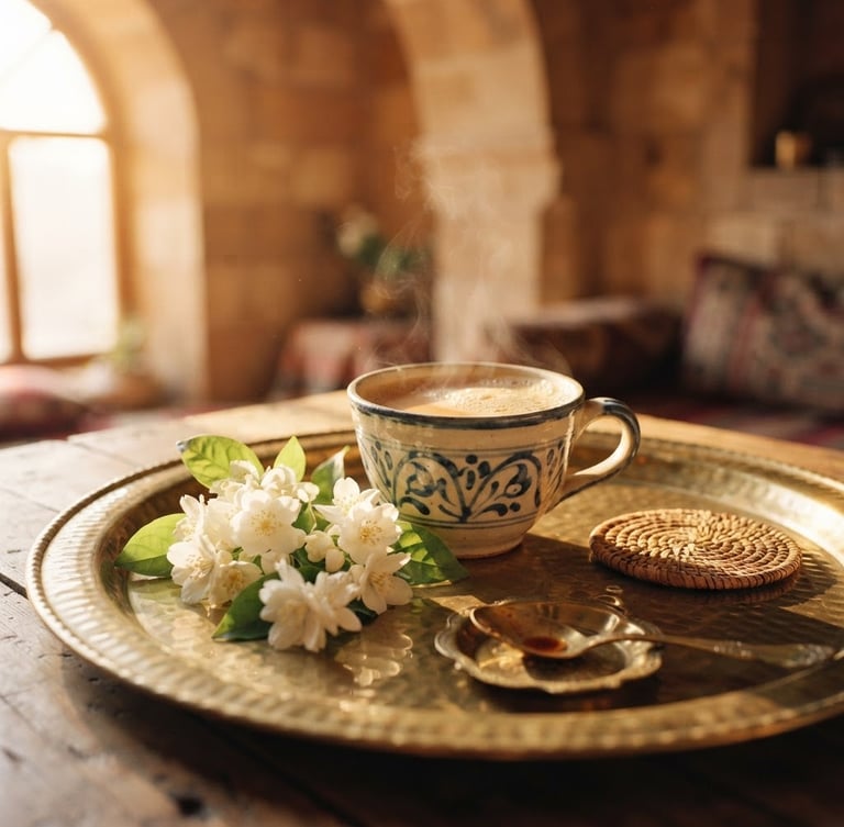 Elegant close-up of fresh jasmine flowers and a warm cup of traditional Pakistani chai on a polished brass tray, soft golden-hour window light, editorial 35mm