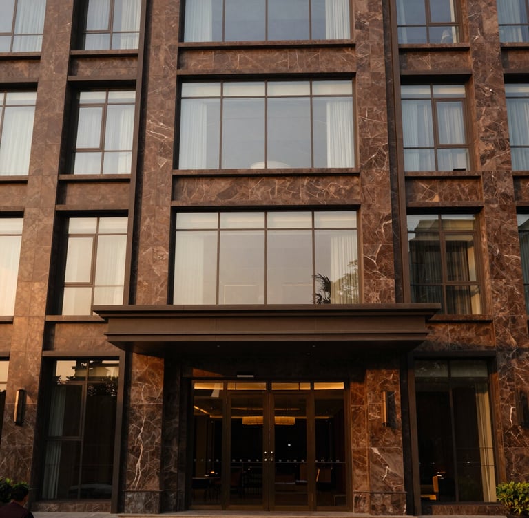 Architectural exterior of a modern premium hotel in Gulberg Lahore, warm golden-hour sunlight reflecting off clean glass and stone facade, 35mm.