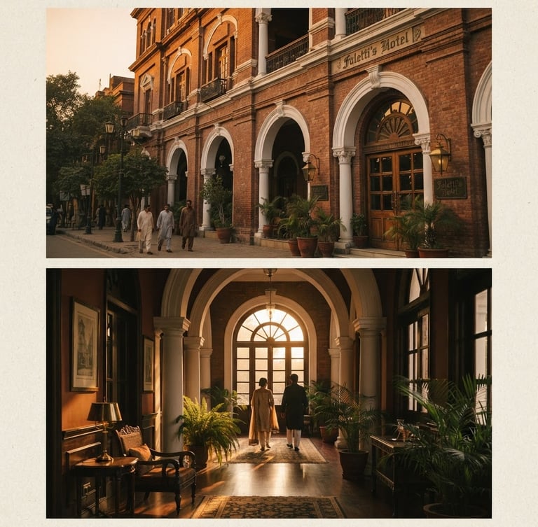 Warm editorial photography, golden-hour window light, rich deep tones, architectural exterior of a colonial-era brick hotel facade on Mall Road in Lahore, 35mm