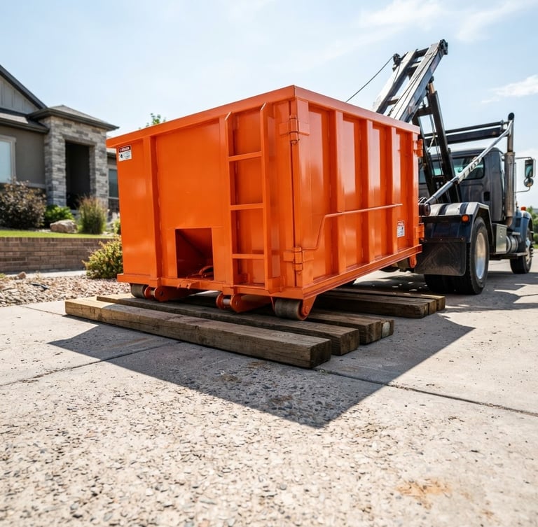 Low-angle sharp industrial photography of a clean safety-orange roll-off dumpster being placed precisely onto protective wooden planks on a concrete driveway, bright midday sun, high-contrast charcoal tones.